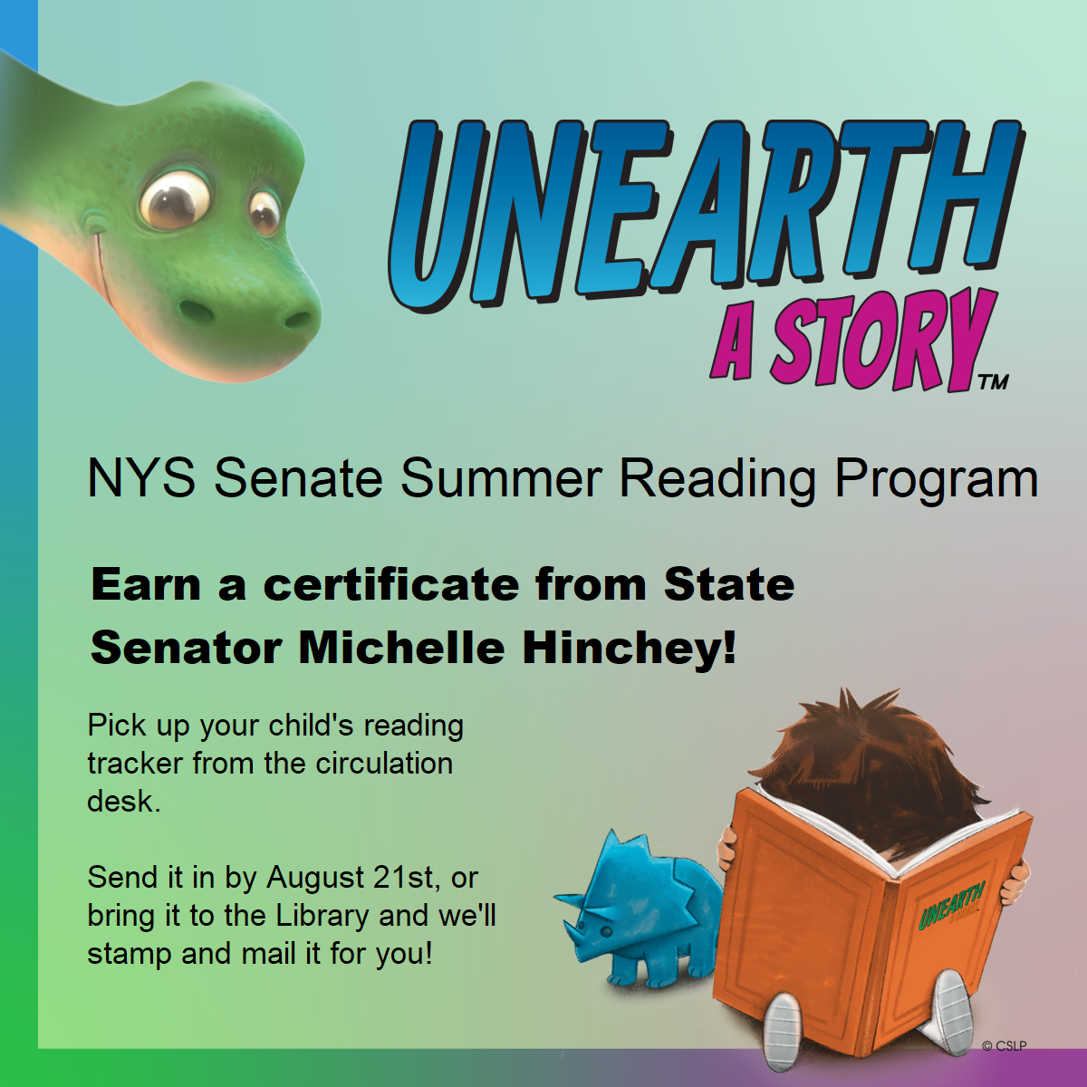 Poster advertising NYS Senate summer reading challenge with image of dinosaurs and child reading.