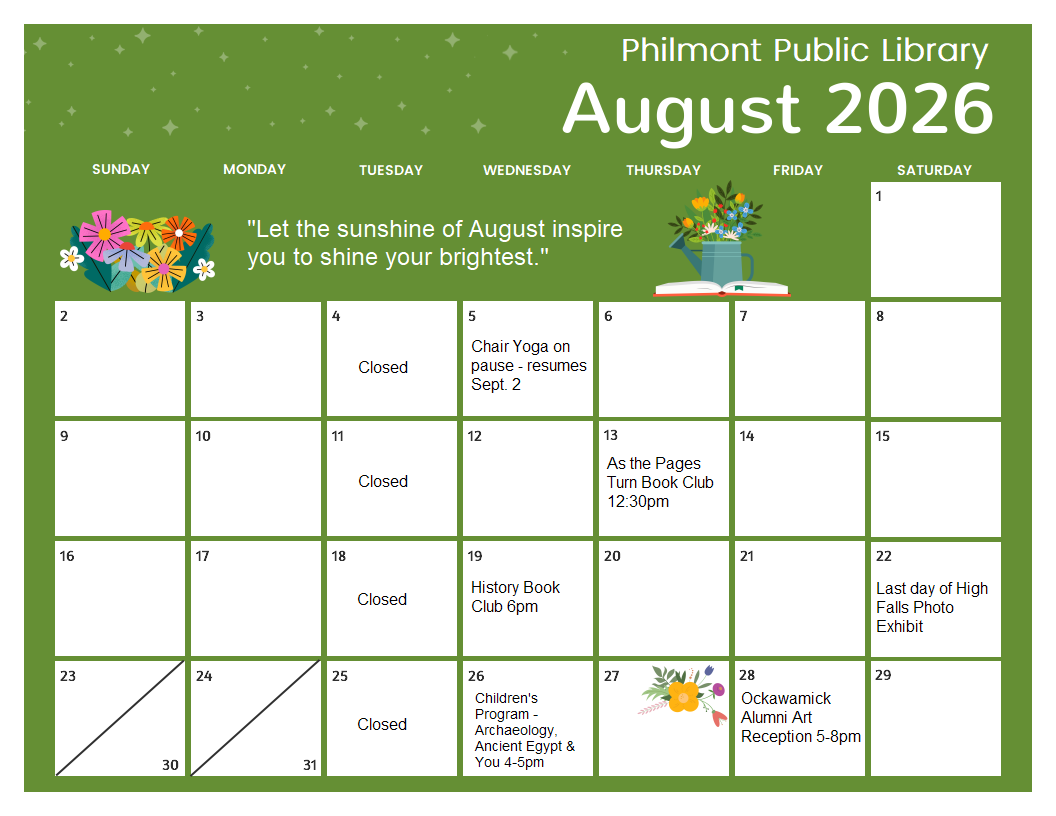 Green August event calendar with flower images