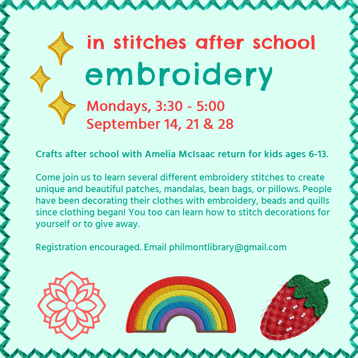 poster advertising kids embroidery classes with pictures of embroidered patches