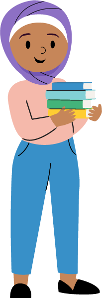 Illustration of woman holding a stack of books
