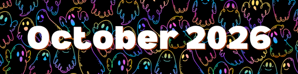 A pattern of rainbow ghosts. Text reads "october 2026."