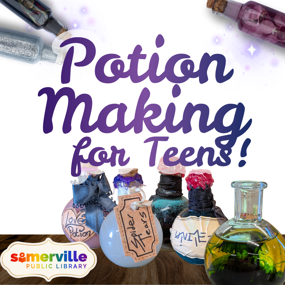 A photof of various colorful "potions" in bottles. Text reads "potion making for teens."