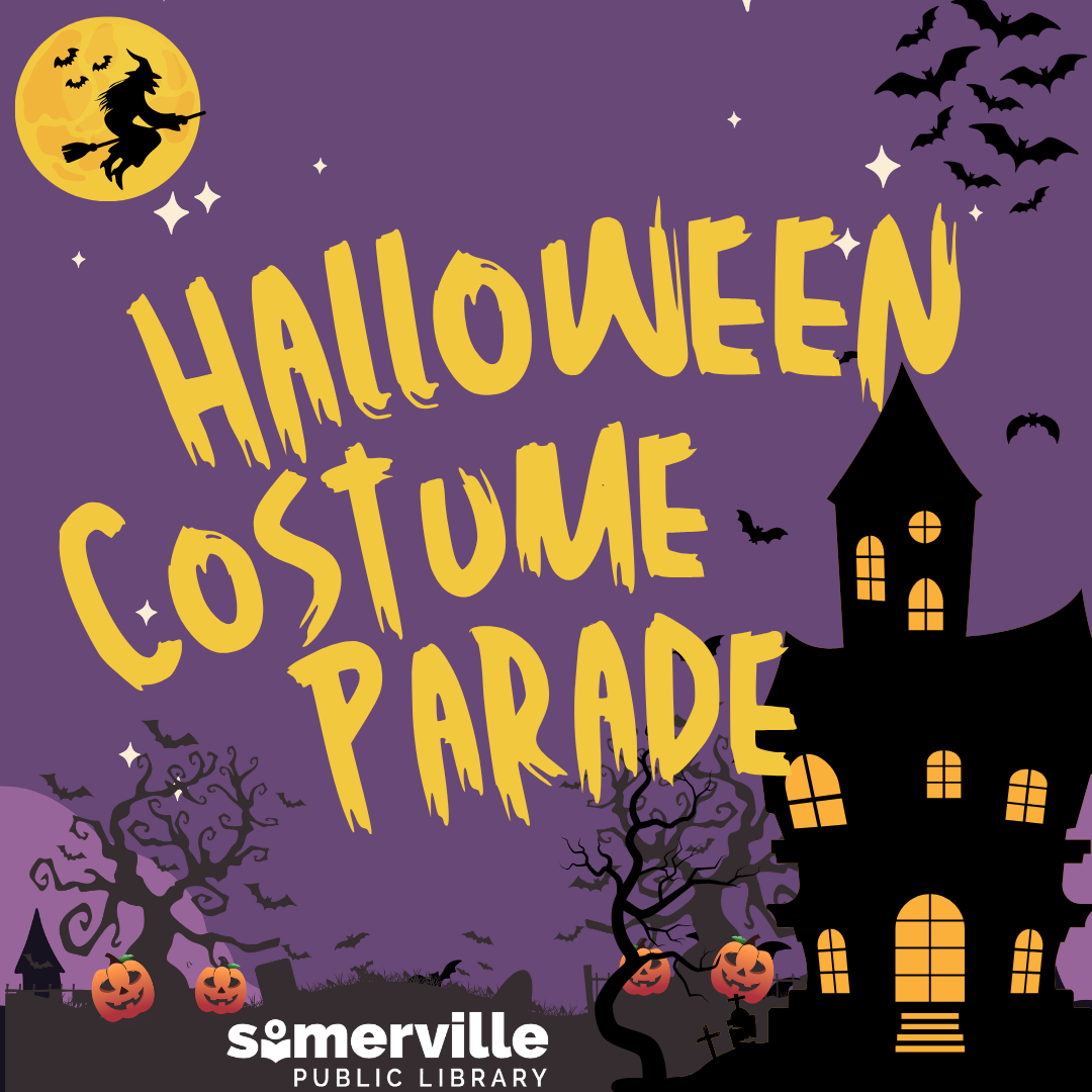 A haunted-looking house with bat and witch accents. Text reads "halloween costume parade."