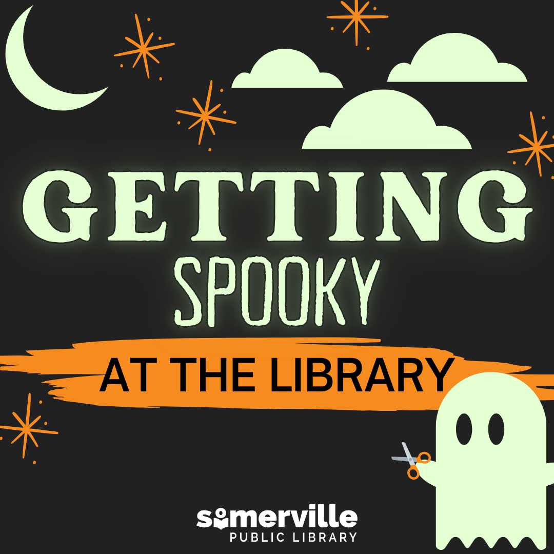 A ghost holding scissors with the moon and orange stars in the background. Text reads "getting spooky at the library."