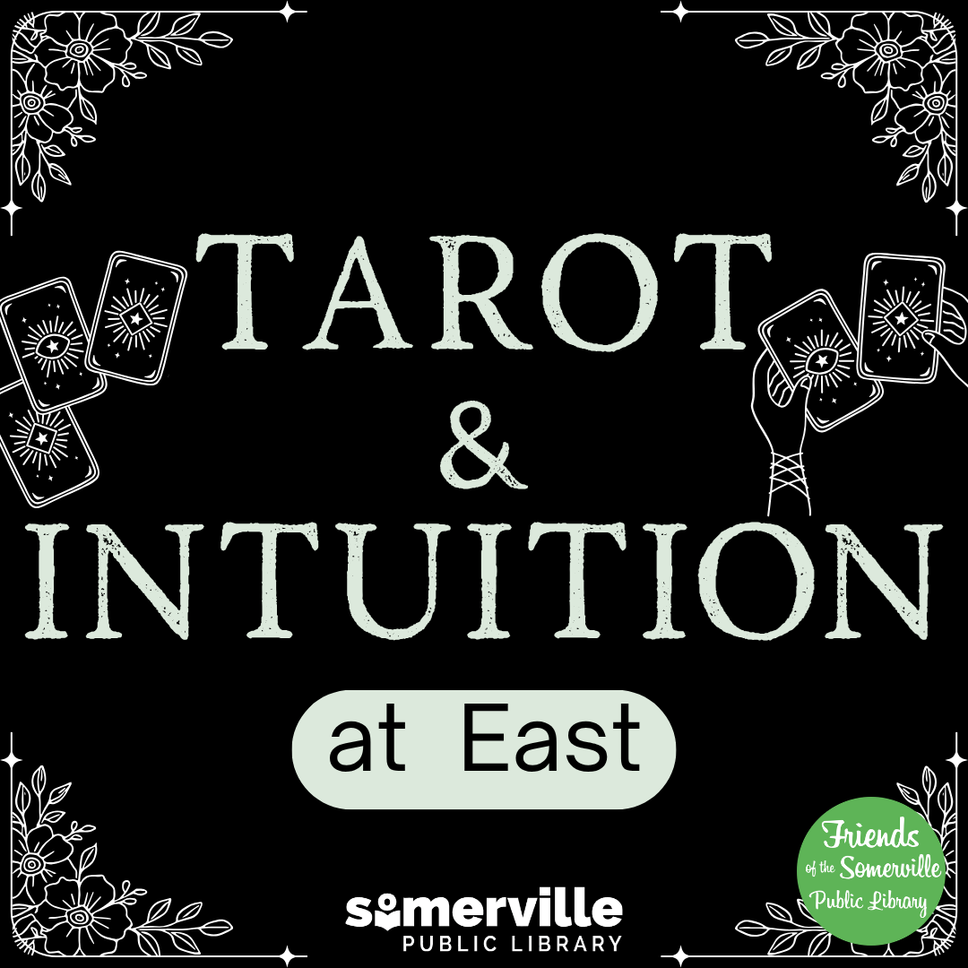 Floral illustrations at each corner, mimicking a decorative tarot card. Text reads "tarot & intuition at east."