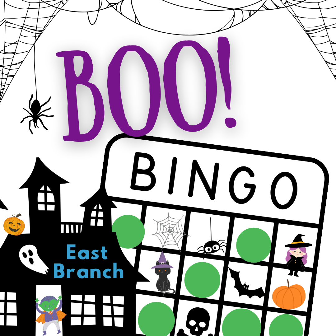 A haunted house and bingo card with witches and black cats. Text reads "boo! BINGO at East."