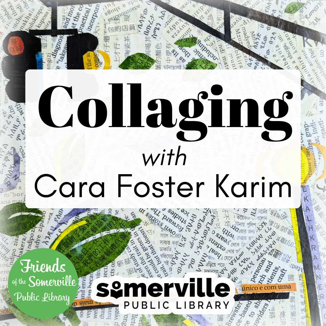 Scraps of paper collaged together with a painting of leaves and a traffic light on top. Text reads "collaging with cara foster karim."
