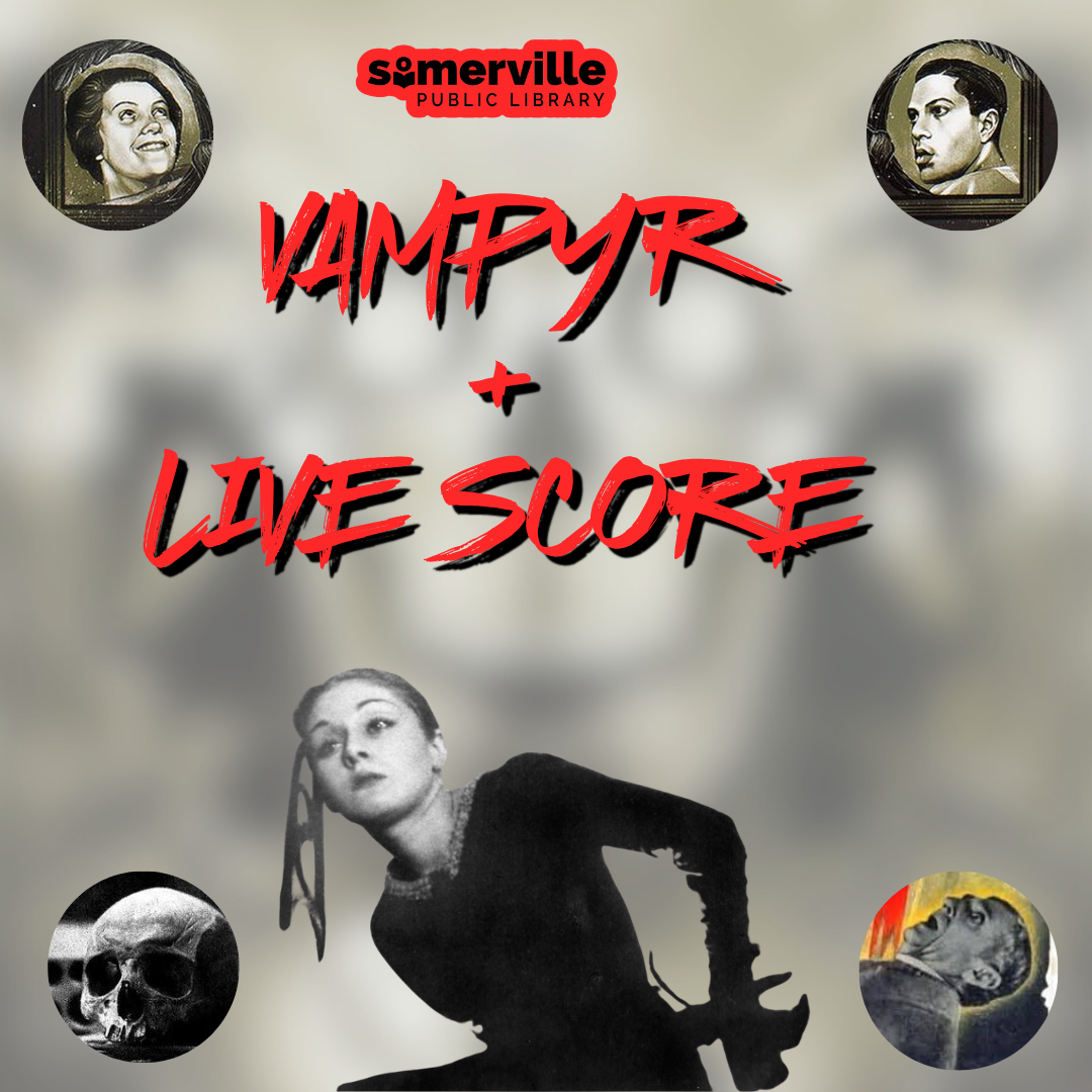 Images from the referenced film. Text reads "vampyr + live score."