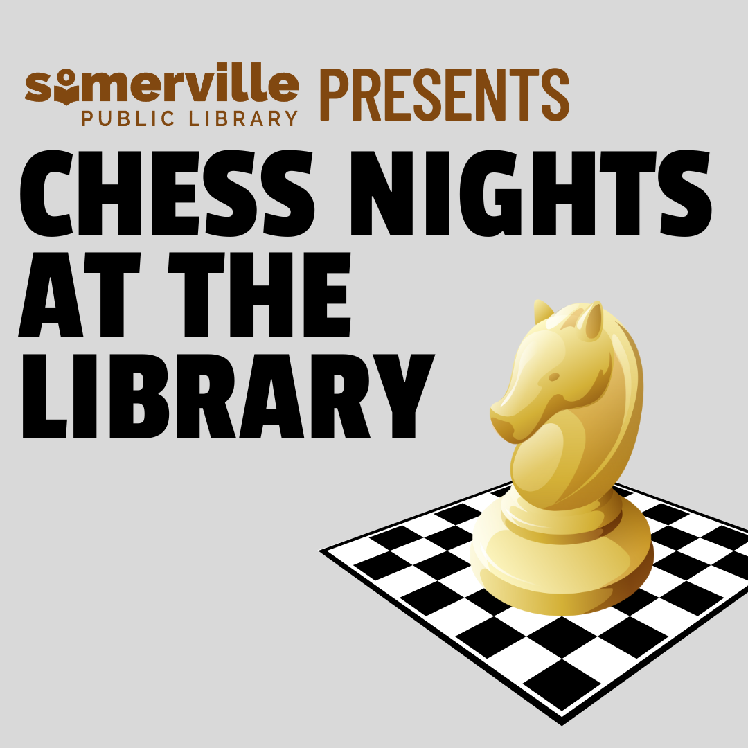 A knight chess piece on a chess board. Text reads "chess nights at the library."