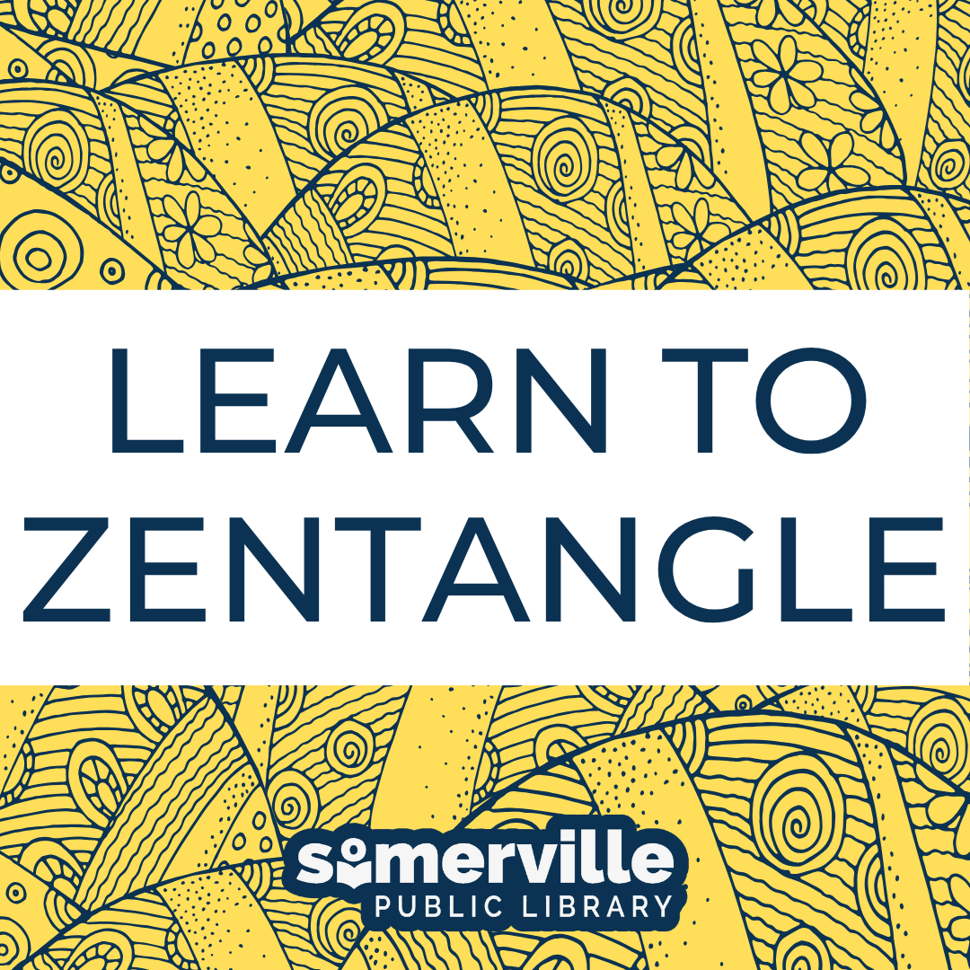 Swirly lines and stripes rest in the backdround. Text reads "learn to zentangle."