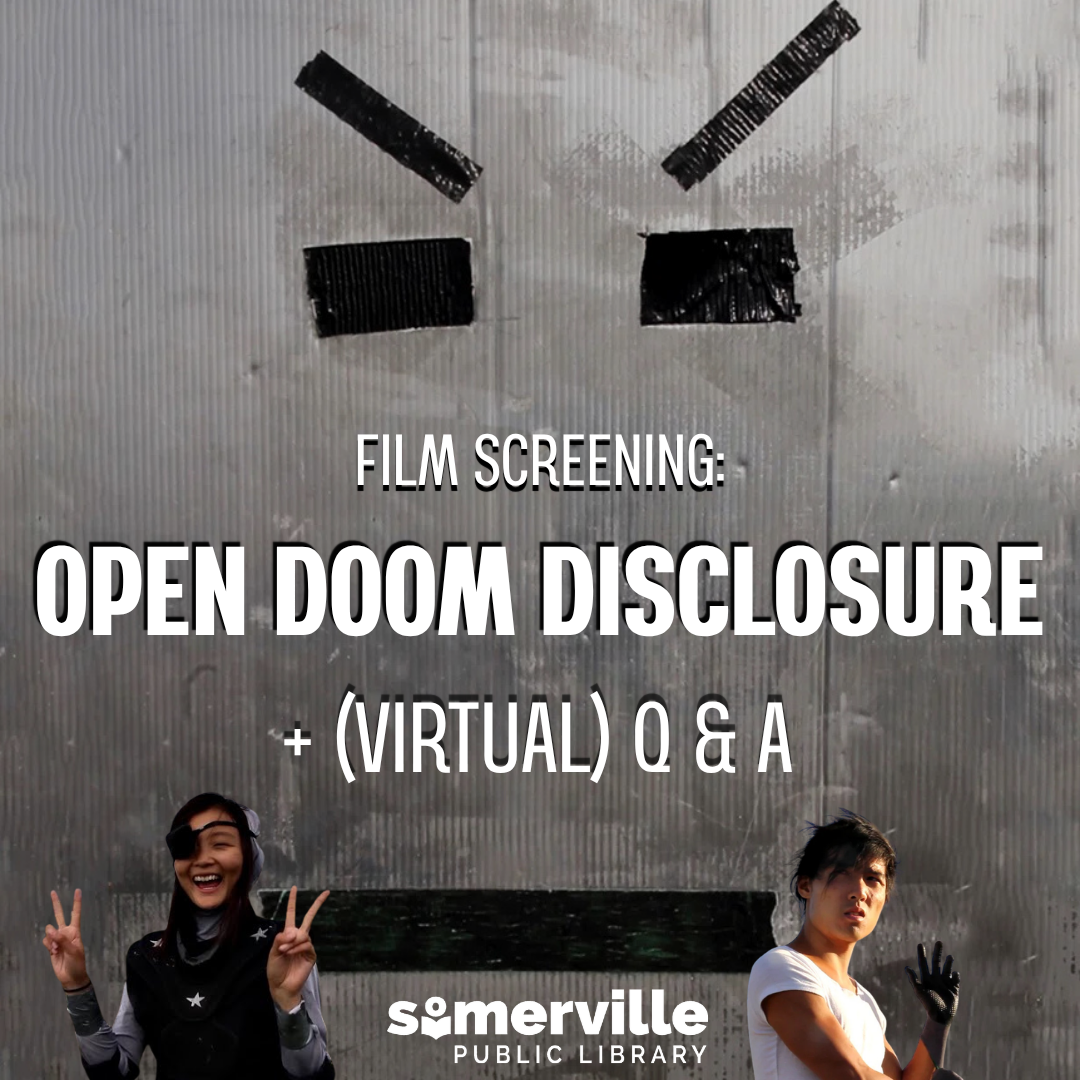Images from the referenced film. Text reads "film screening: open doom disclosure + (virtual) q&a."