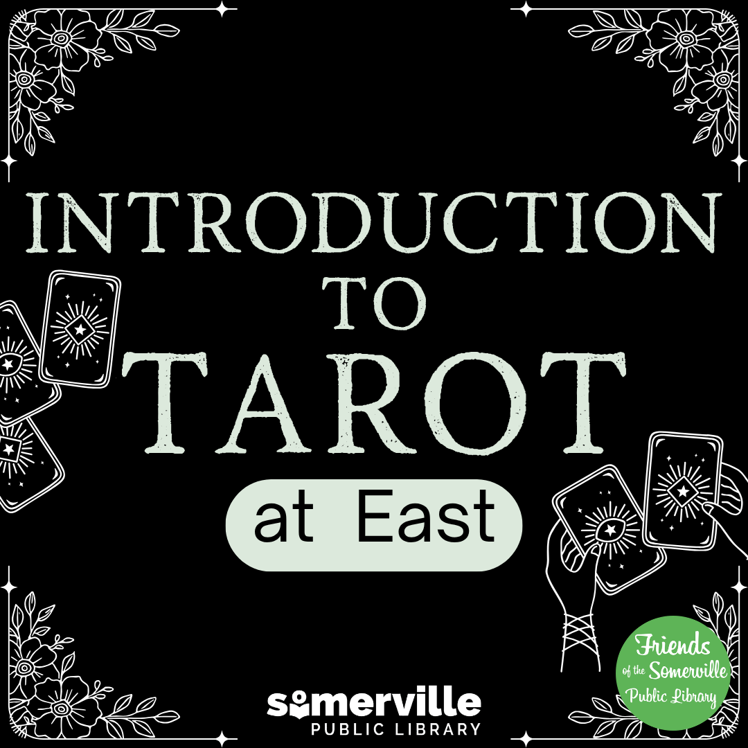Floral illustrations at each corner, mimicking a decorative tarot card. Text reads "introduction to tarot at east."
