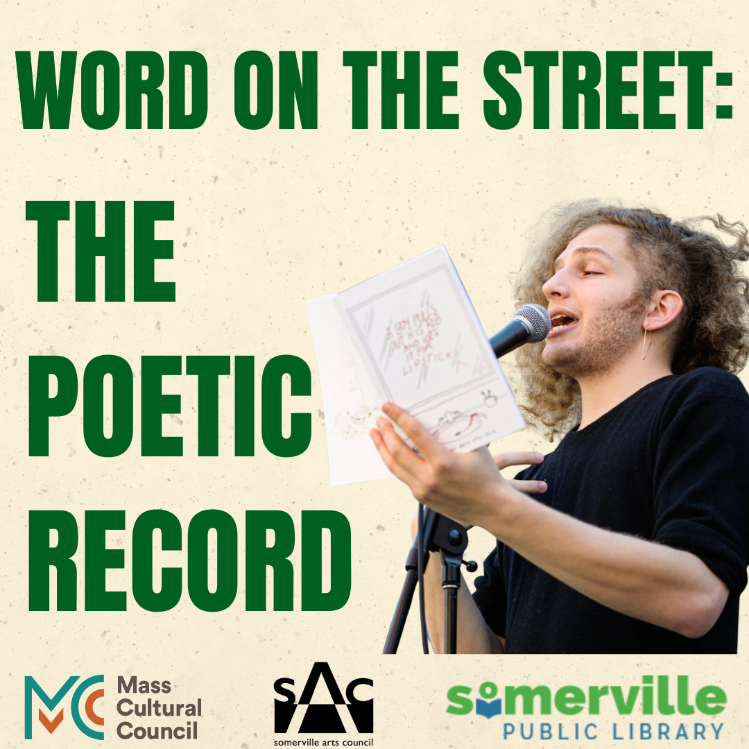 A photo of a person reading poetry aloud. Text reads "word on the street. the poetic record." Includes link to a detailed calendar listing (opens in new tab).