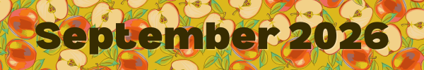A repeating red apple pattern. Text reads "september 2026."
