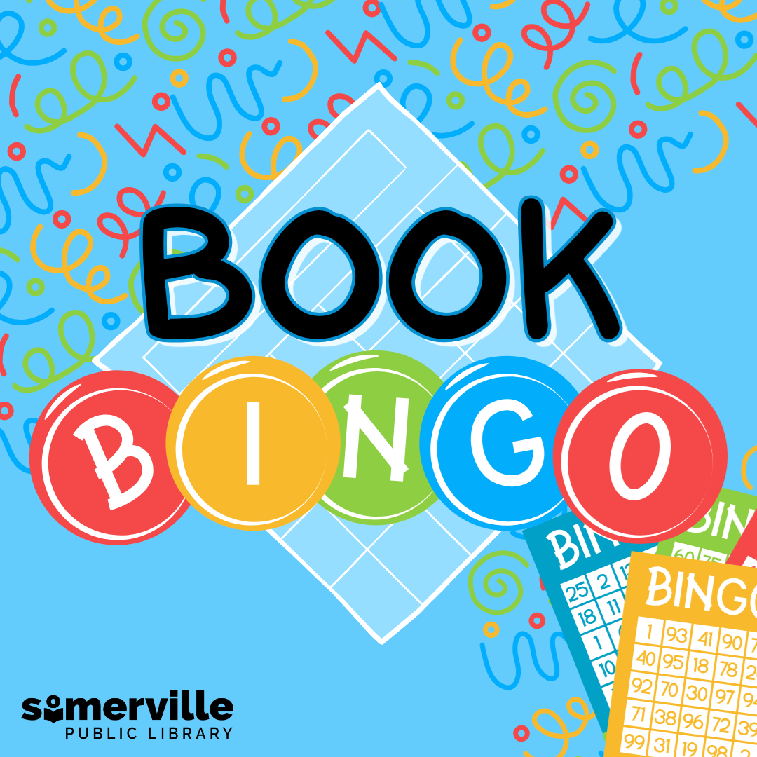 Colorful confetti and BINGO card icons in the background. Transcript: book BINGO.