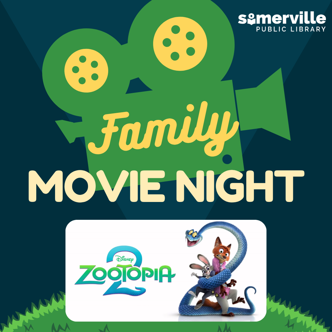A film projector above a dark background and grassy hill illustration, featuring the movie poster for Zoo-topia 2. Text reads "movie family night." Includes link to a detailed calendar listing (opens in new tab).