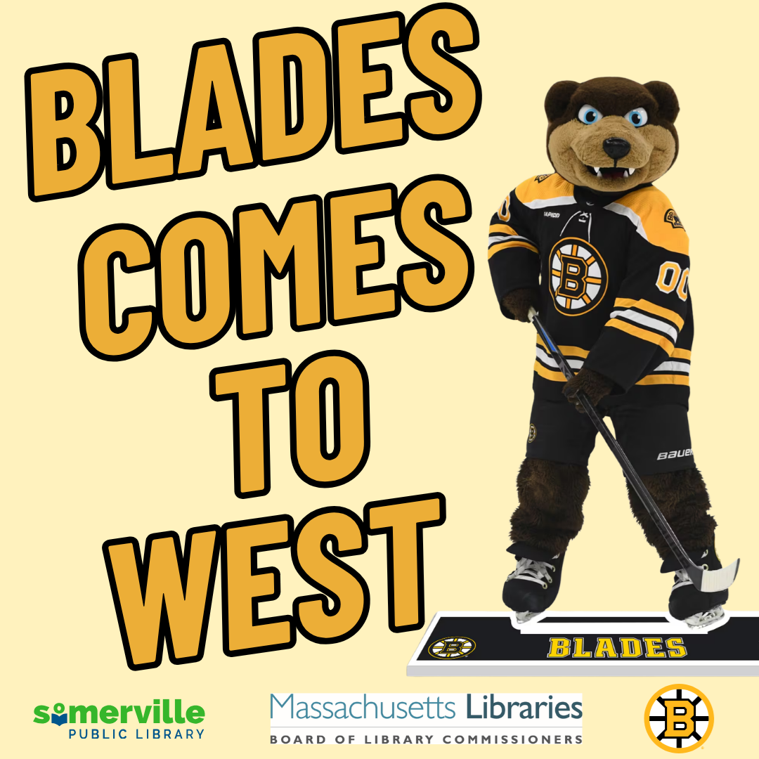 A photo Blades, the bruins bear mascot wearing a hockey outfit. Text reads "blades comes to west." Includes link to a detailed calendar listing (opens in new tab).