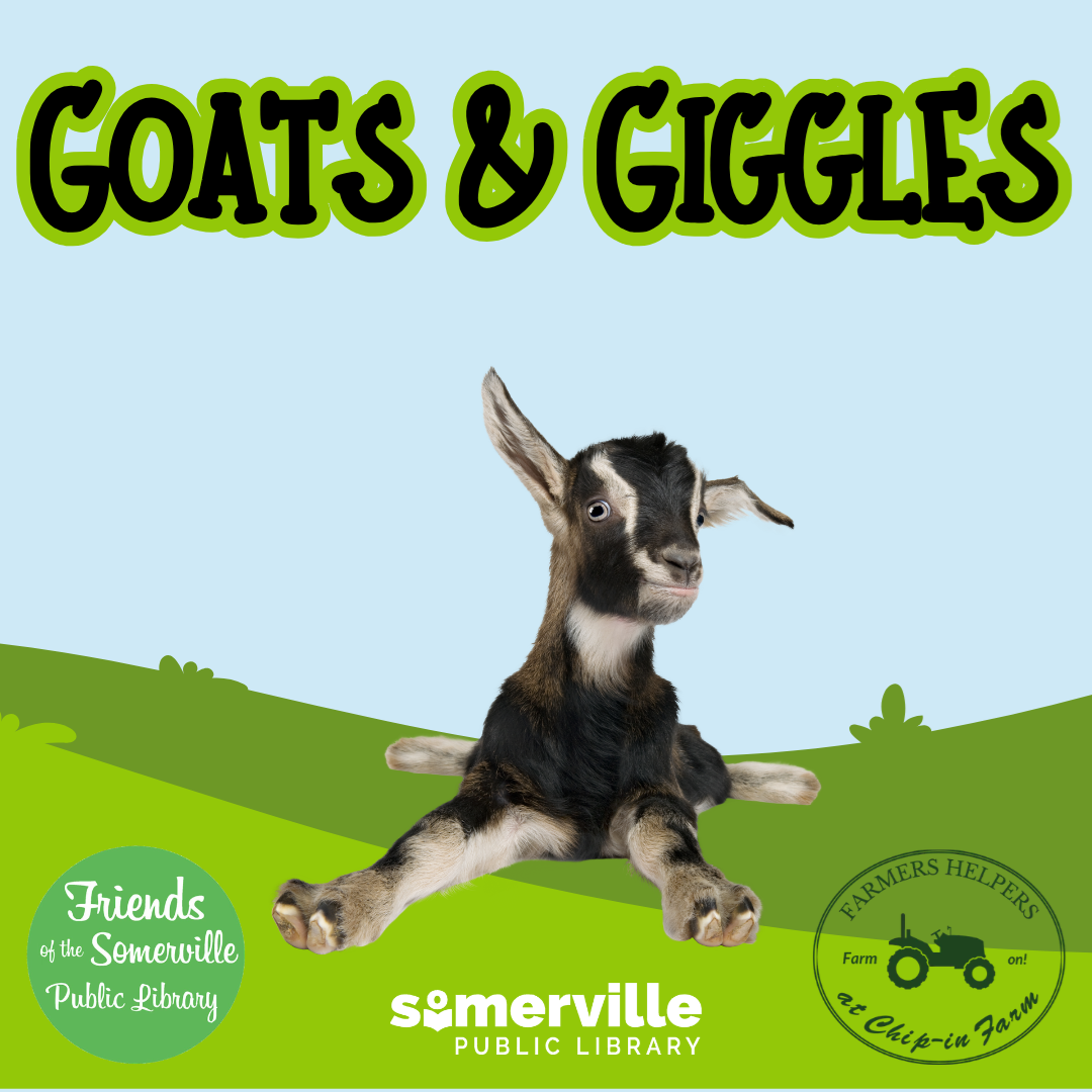 A photo of a baby goat. Text reads "Goats and giggles."  Includes link to a detailed calendar listing (opens in new tab).