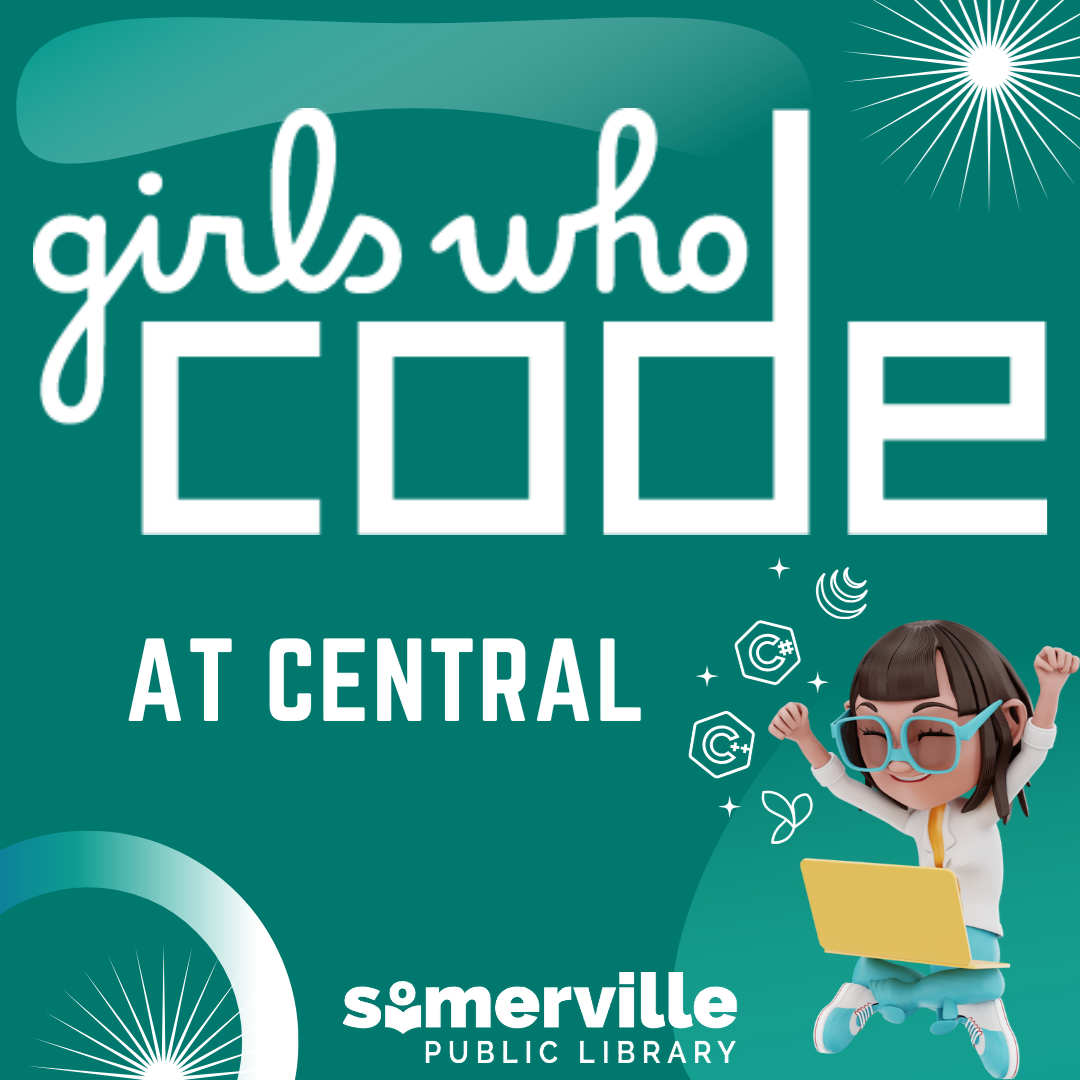 A girl in glasses looking excited with a laptop in her lap. Transcript: girls who code at central.