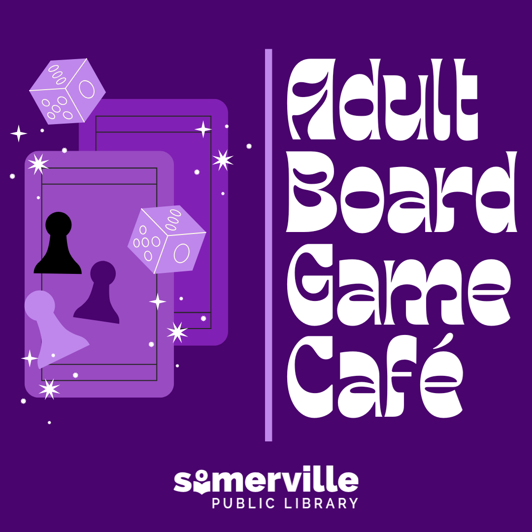 Floating playing cards, dice, and player tokens with sparkles. Text reads "adult board game cafe." Includes link to a detailed calendar listing (opens in new tab).
