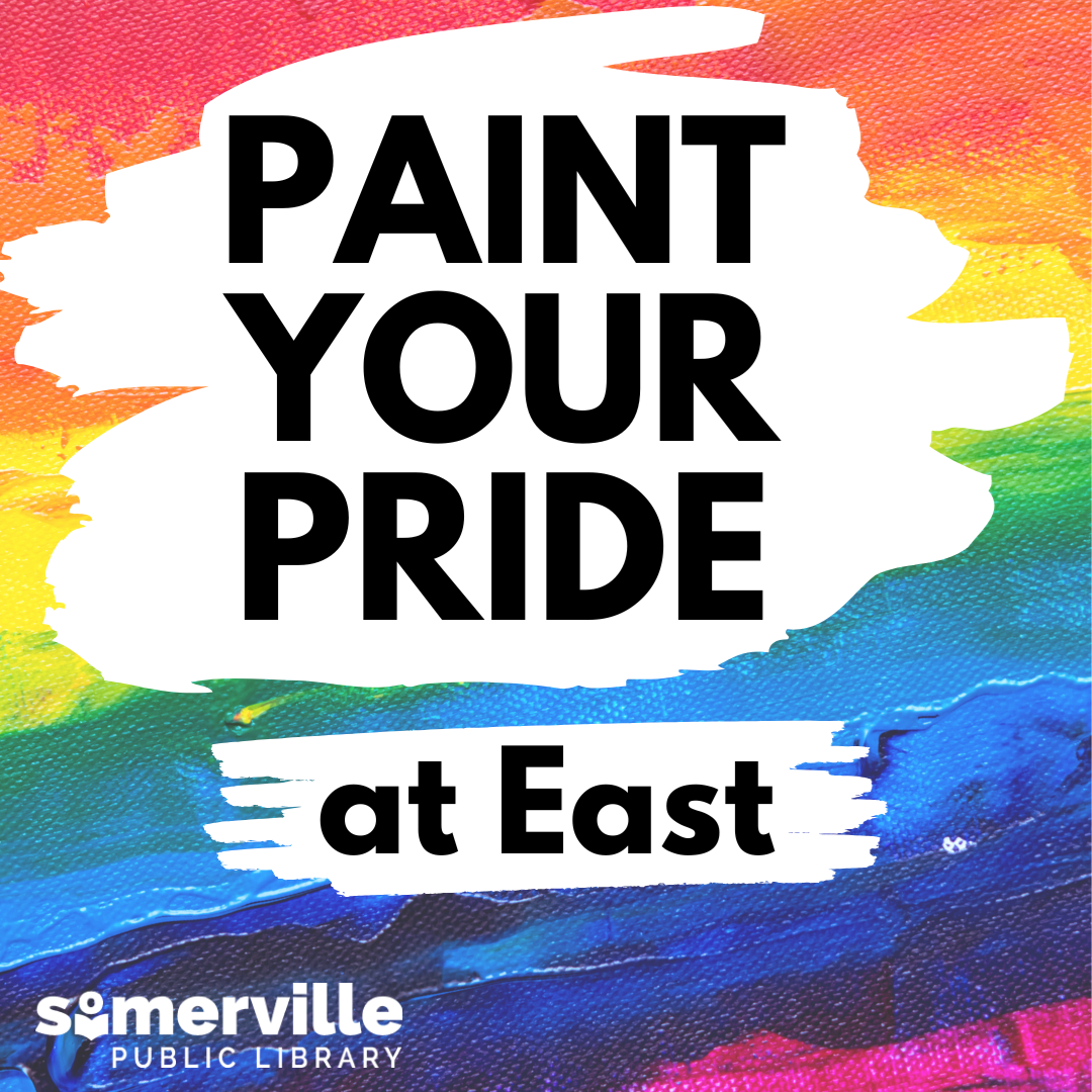 A painted rainbow spectrum, with text reading "paint your pride at east," and with link to a detailed calendar listing (opens in new tab).