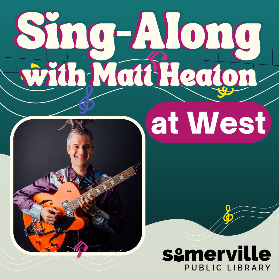 A photo of a man holding a guitar with a plastic dinosaur toy on his head, with text reading "sing-along with matt heaton at west," and with link to a detailed calendar listing (opens in new tab).