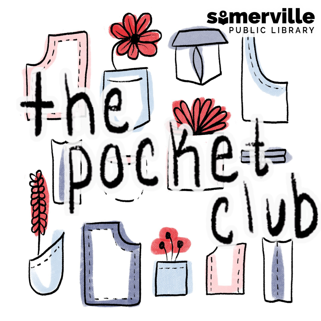 Illustrations of various sewn pockets, with text reading "the pocket club" and with link to a detailed calendar listing (opens in new tab).