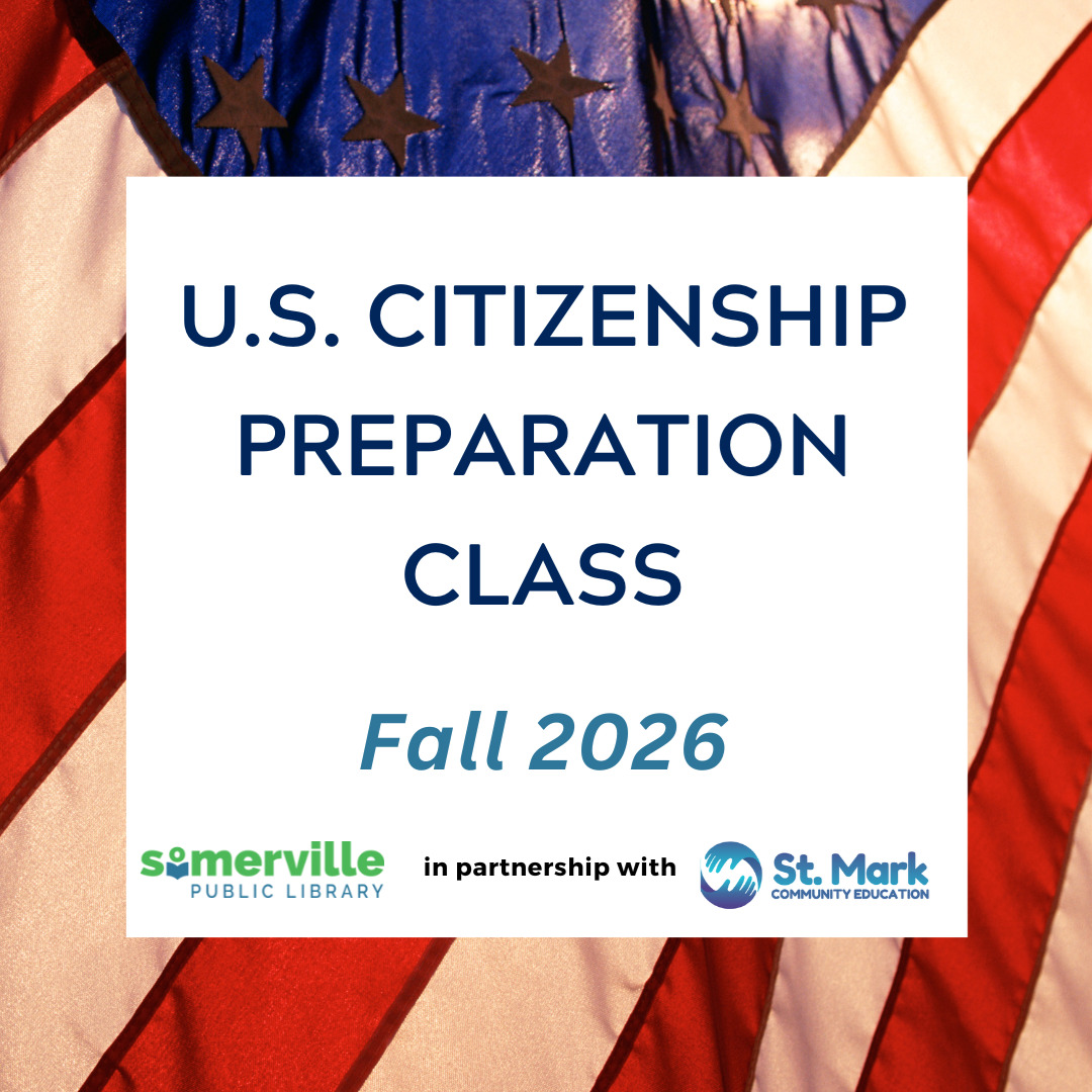 A photo of the united states flag. Text reads "U.S. citizenship preparation class: fall 2026."