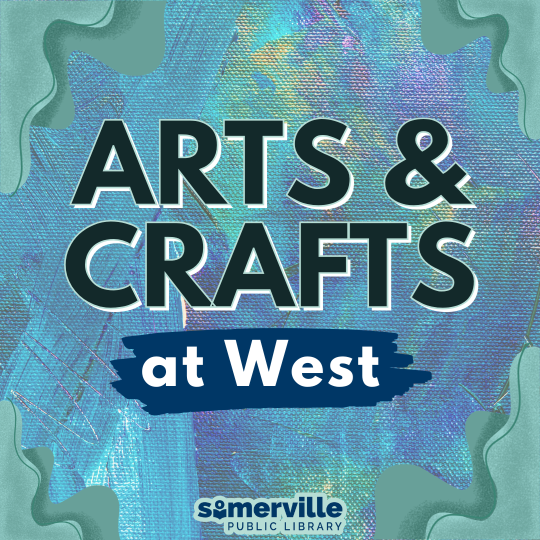 A messy canvas with purple and green paint smears, with text reading "arts and crafts at west," and with link to a detailed calendar listing (opens in new tab).