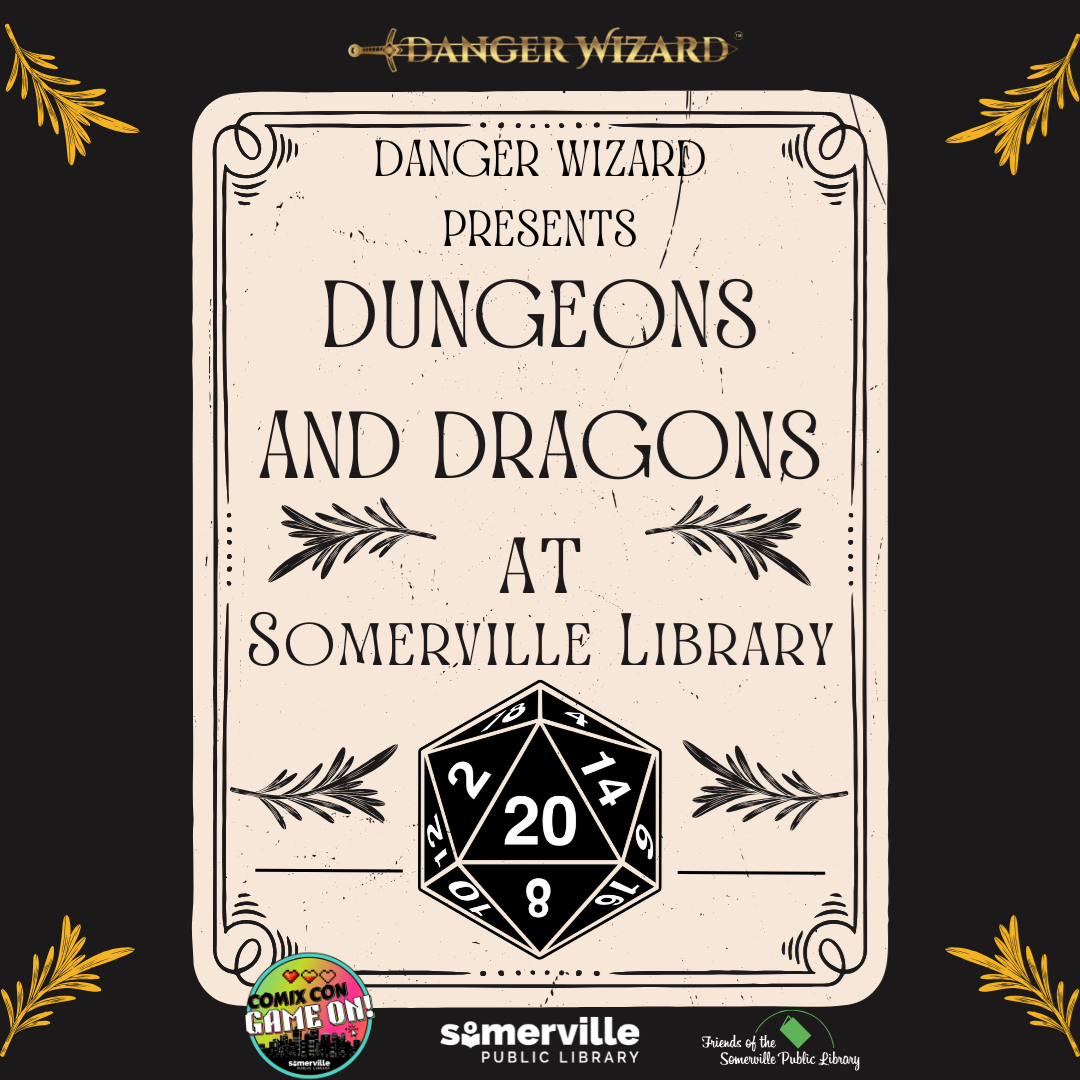 A fancy invitation-style graphic with an illustrated 20-sided die, with text reading "one shot d&amp;d campaign with danger wizard" and with link to a detailed calendar listing (opens in new tab).
