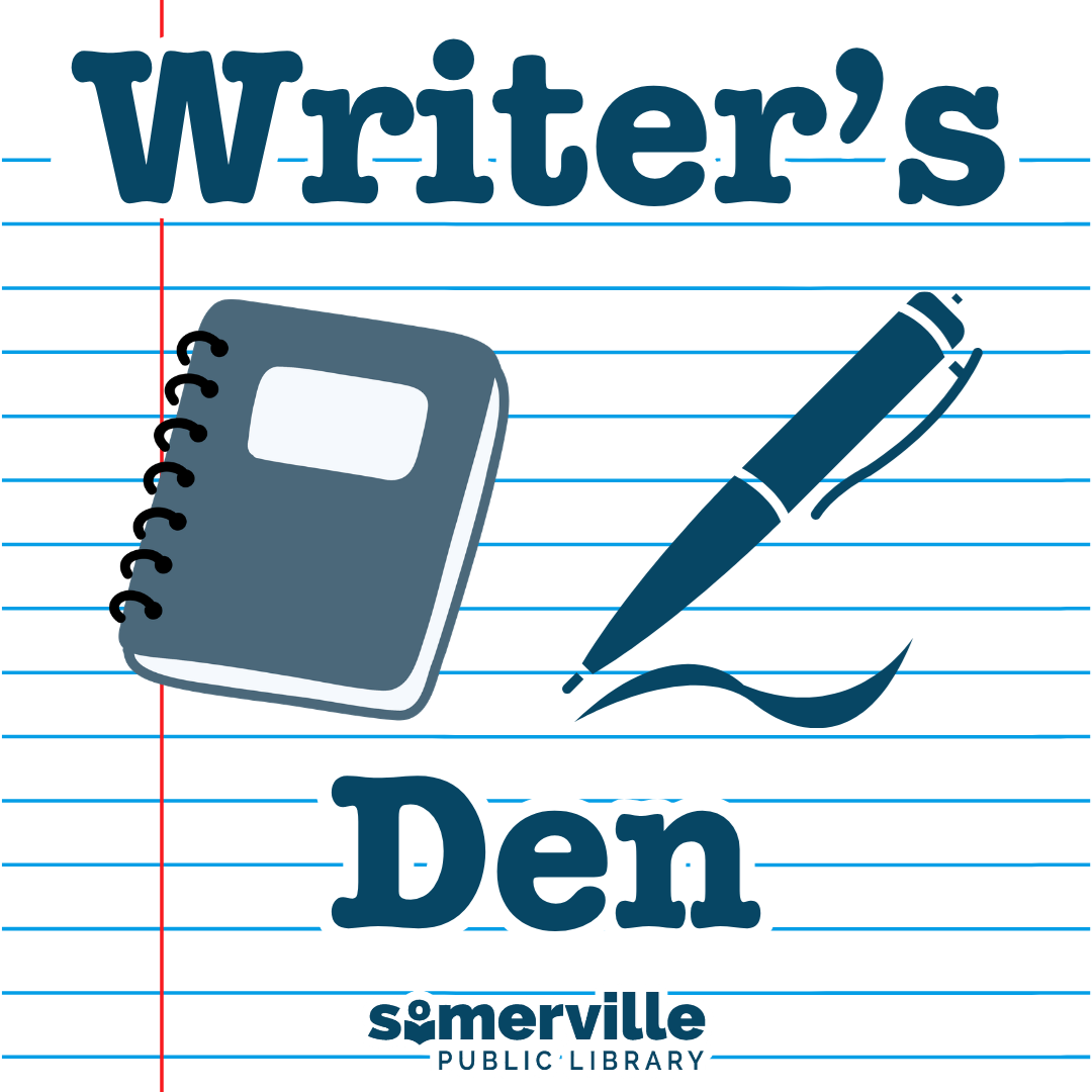A notepad with a writing pen icon. Text reads "writer's den." Includes link to a detailed calendar listing (opens in new tab).