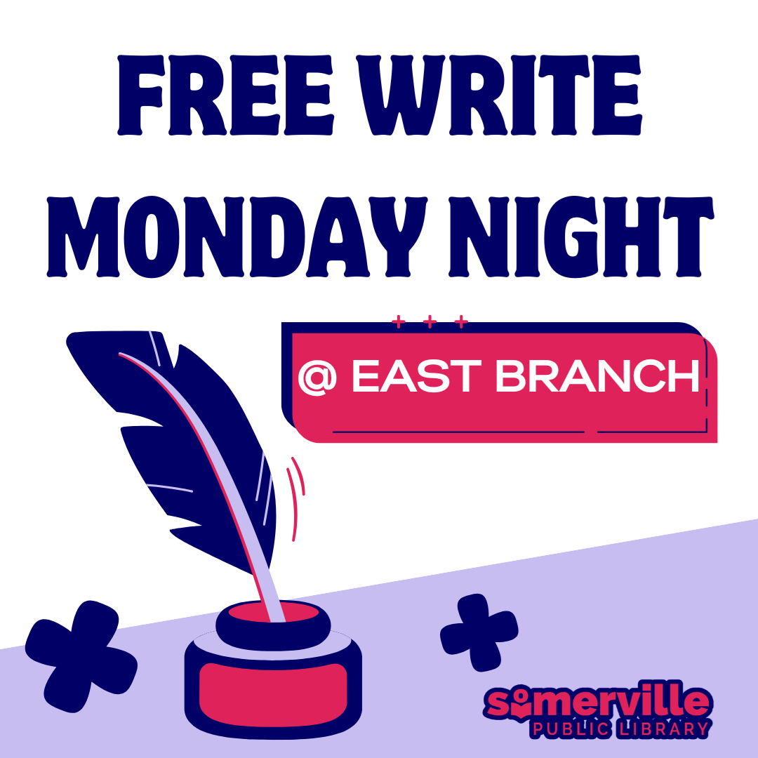A vibrant purple quil in an inkpot, with text reading "free write monday night at east branch" and with link to a detailed calendar listing (opens in new tab).