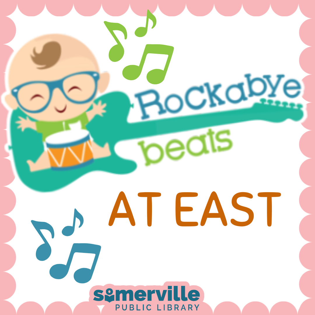 A cartoon baby banging on a drum with a guitar in the background. Transcript: rock-a-bye beats at east.