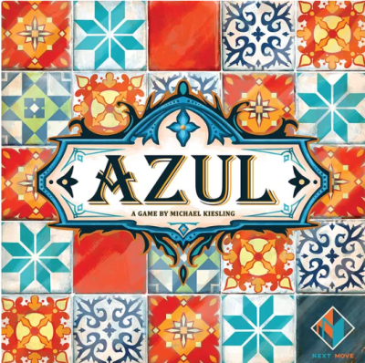 The cover of the board game Azul, featuring many colorful stylized tiles. Includes link to the item on our catalog (opens in new tab).