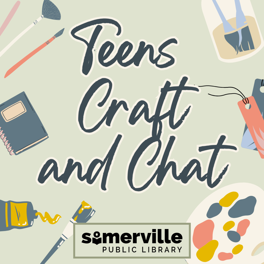 A background of paint brushes and other crafts supply illustrations. Transcript: teens craft and chat.