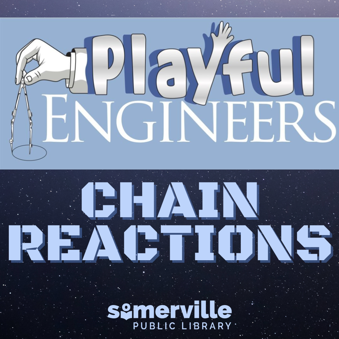 A plain dark blue background with a lighter blue stripe at the top. Text reads "playful engineers: chain reactions." Includes link to a detailed calendar listing (opens in new tab).