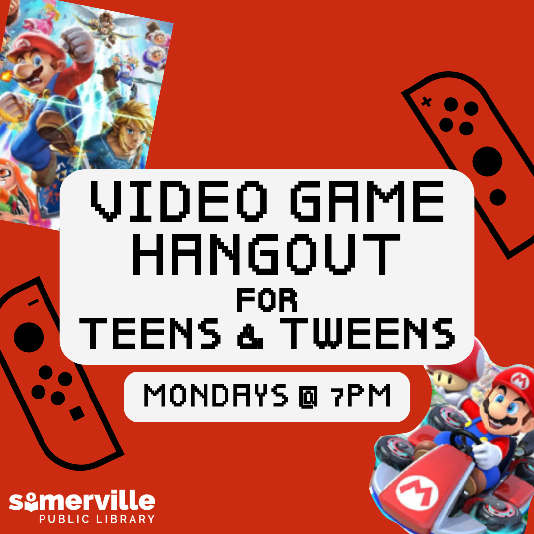 Transcript: Video game hangout for teens and tweens. Mondays at 7 pm.