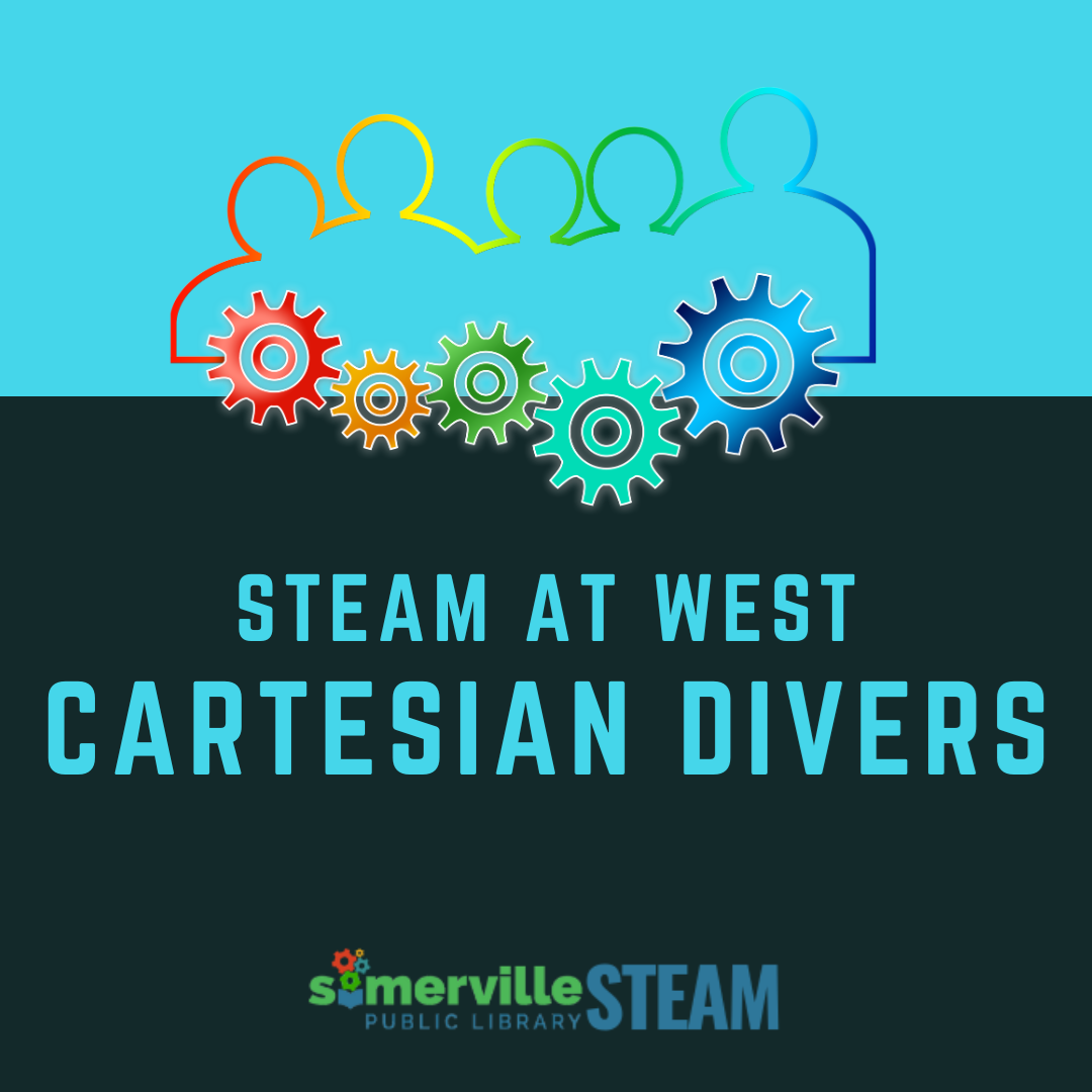 An outline of people connected by gear cogs. Text reads "STEAM at west: cartesian divers." Includes link to a detailed calendar listing (opens in new tab).