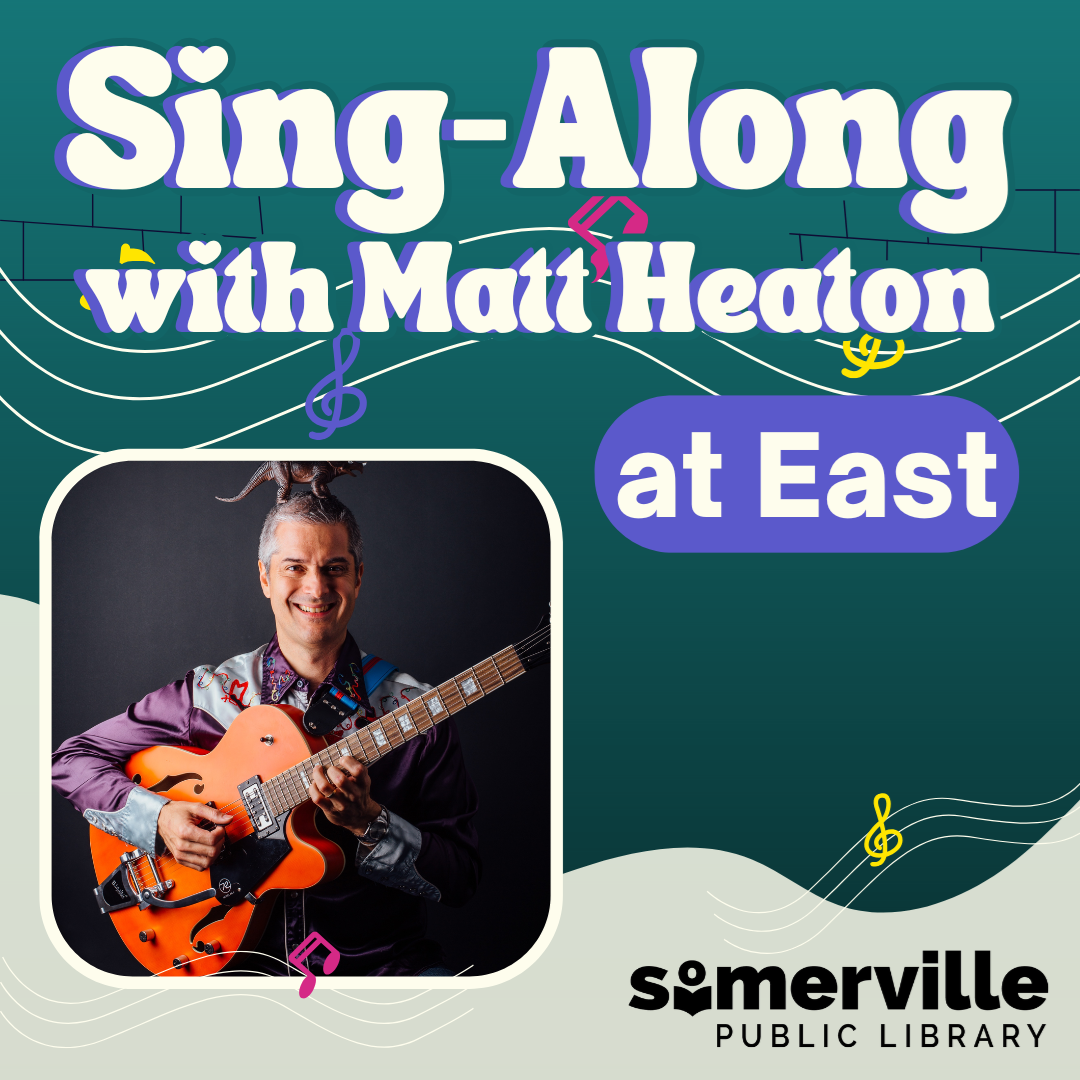 A photo of a musician holding a guitar with a dinosaur toy on his head. Transcript: sing along with matt heaton at east.