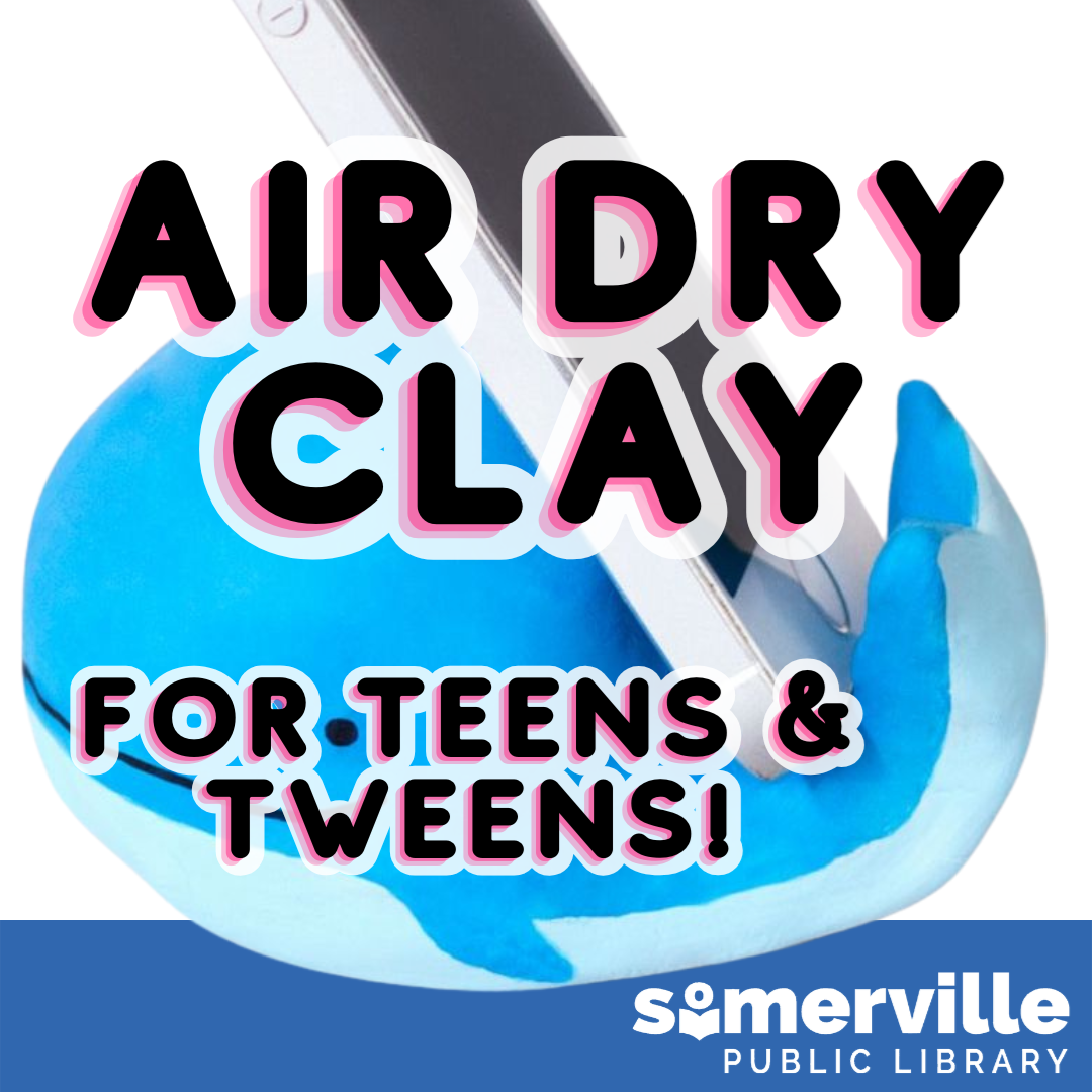 An example photo of a whale-shaped clay phone holder. Text reads "Air dry clay for teens and tweens." Includes link to a detailed calendar listing (opens in new tab).