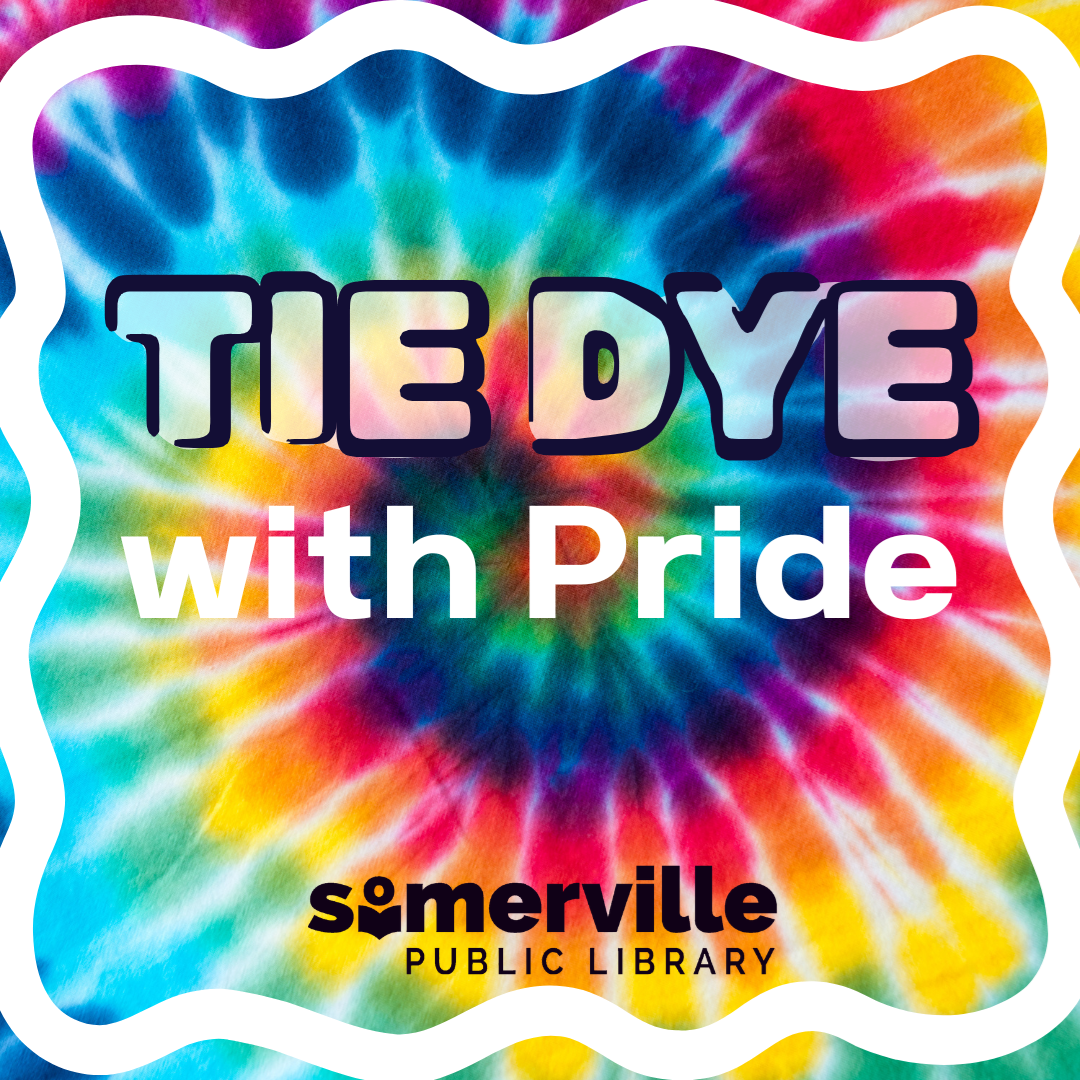 A psychedelic tie die rainbow spiral, with text reading "tie dye with pride," and with link to a detailed calendar listing (opens in new tab).
