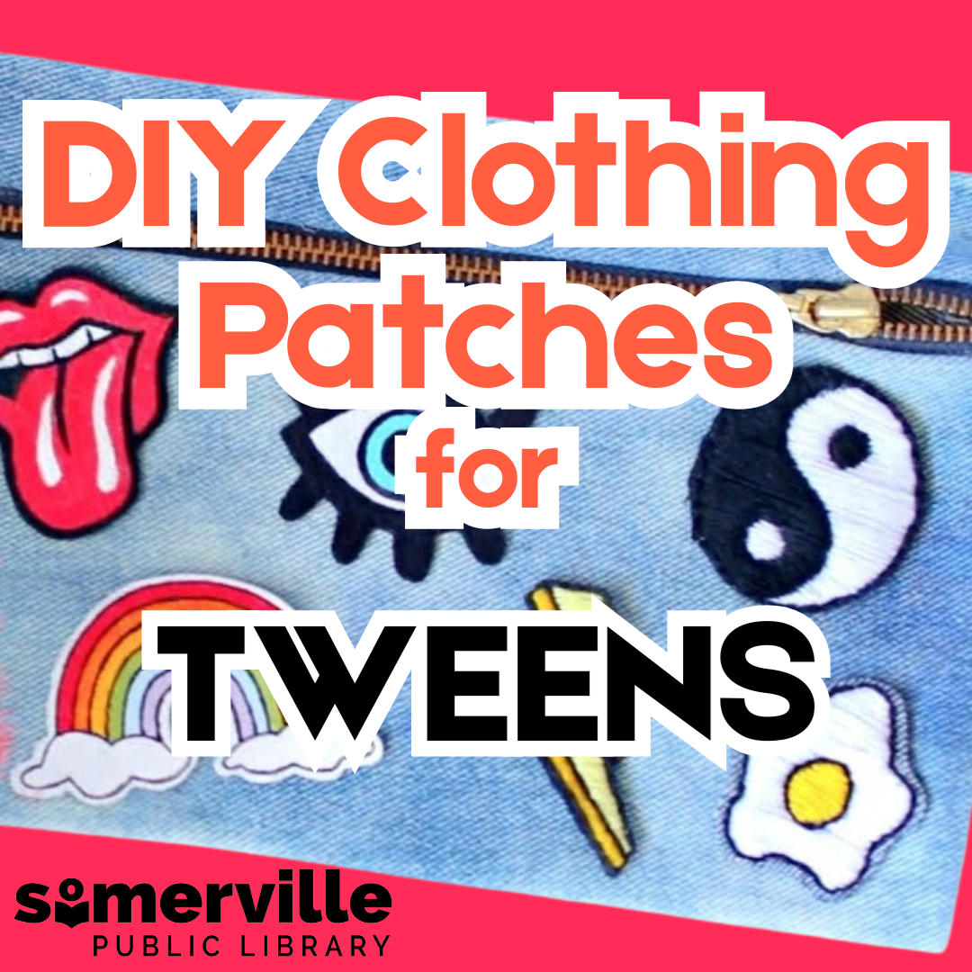 A photo of decorative patches on a zippered pouch. Transcript: DIY clothing patches for tweens.