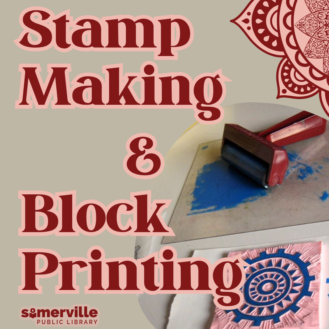A photo of a crafted stamp and printing block, with text reading "stamp making and block printing" and with link to a detailed calendar listing (opens in new tab).