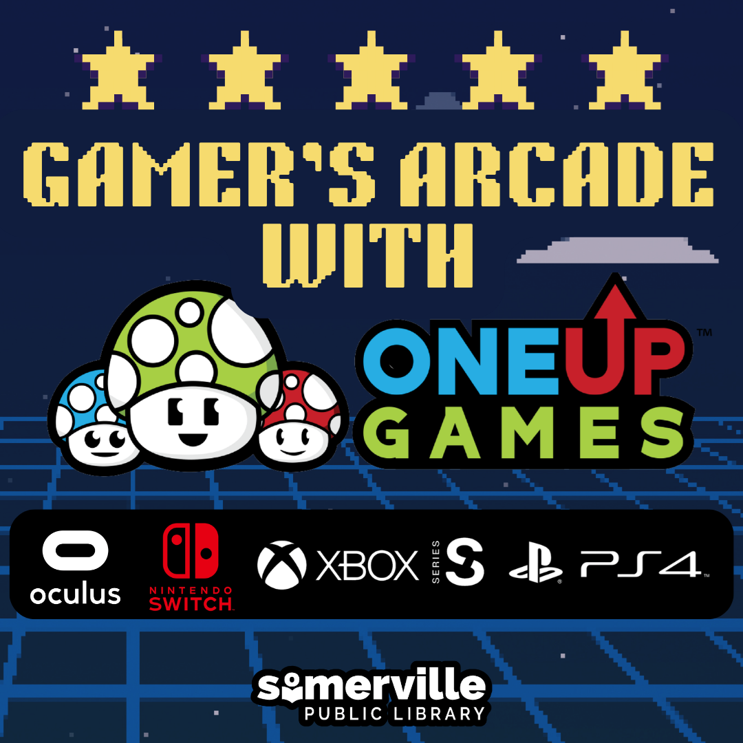 A dark and neon pixellated background with mushroom power up illustrations and pixellated stars. Text reads "gamer's arcade with one up games." Includes link to a detailed calendar listing (opens in new tab).