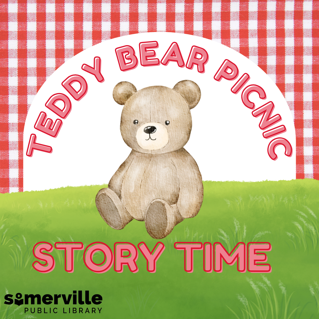 A teddy bear sitting on grass with a picnic blanket in the background. Text reads "teddy bear picnic story time."  Includes link to a detailed calendar listing (opens in new tab).
