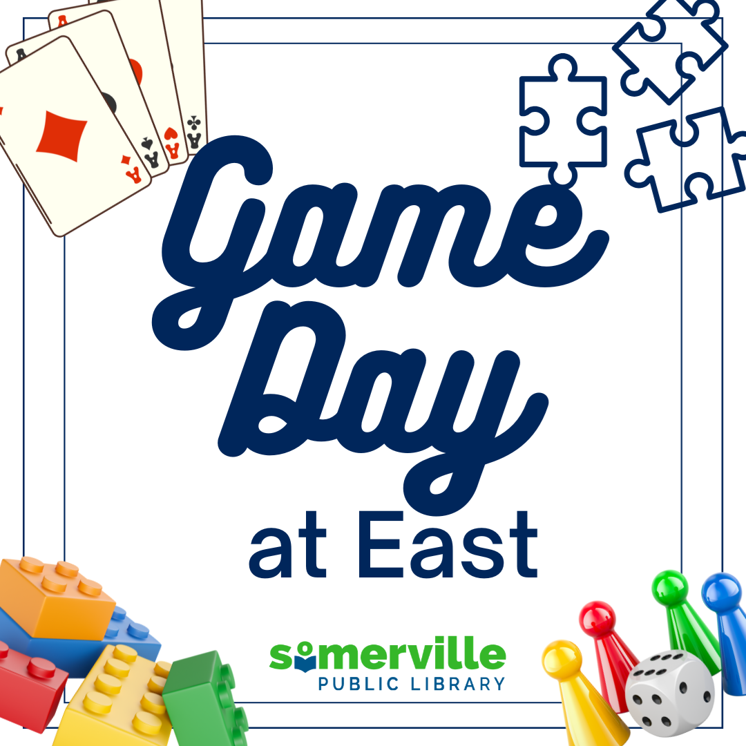 Illustrations of cards, puzzle pieces, LEGOs, and dice, with text reading "game day at east," and with link to a detailed calendar listing (opens in new tab).