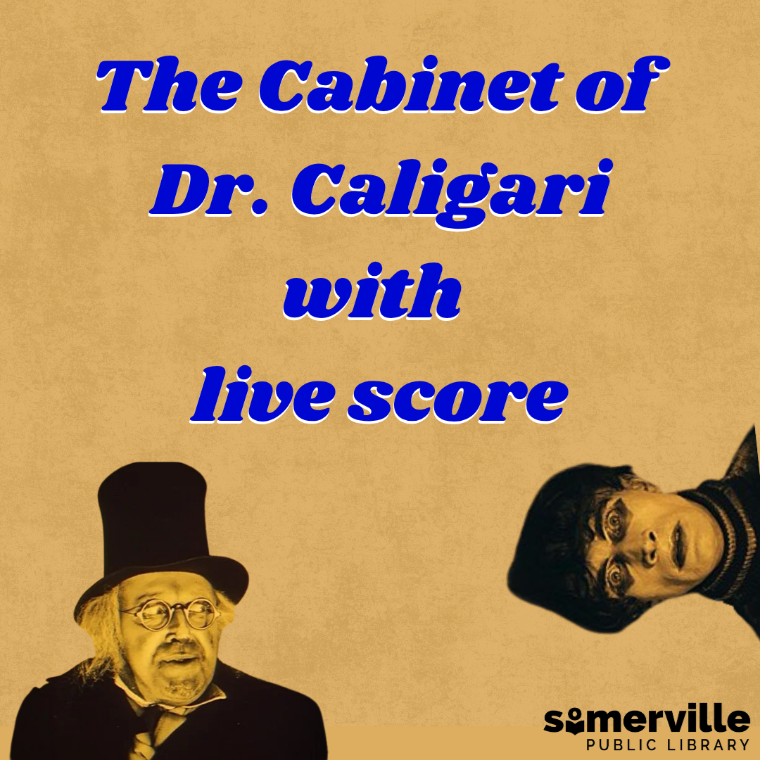 Two characters from the referenced film on a plain background. Text reads "the cabinet of dr. caligari with live score." Includes link to a detailed calendar listing (opens in new tab).
