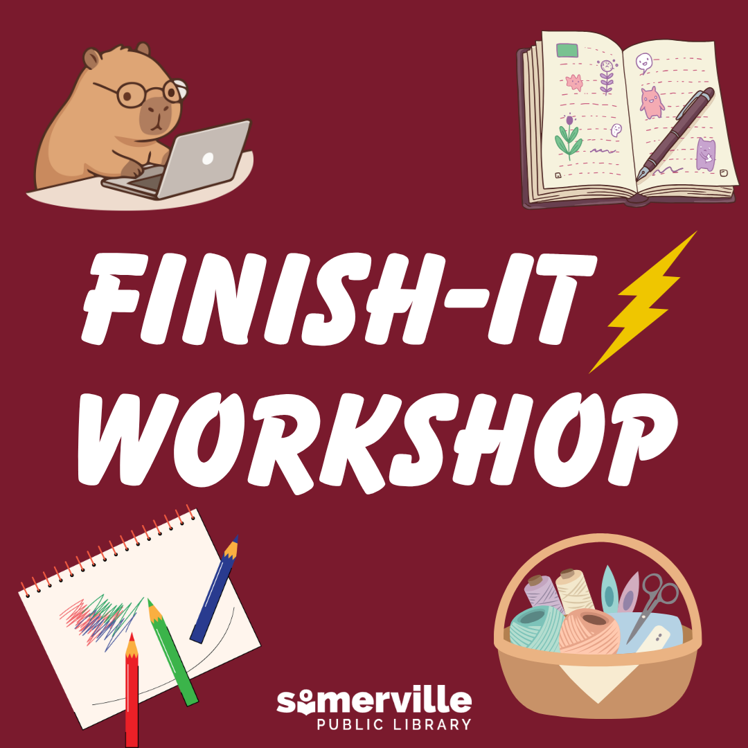 A capybara working on a laptop, a journal, a coloring project, and a fiber arts supply basket. Text reads "finish-it workshop." Includes link to a detailed calendar listing (opens in new tab).