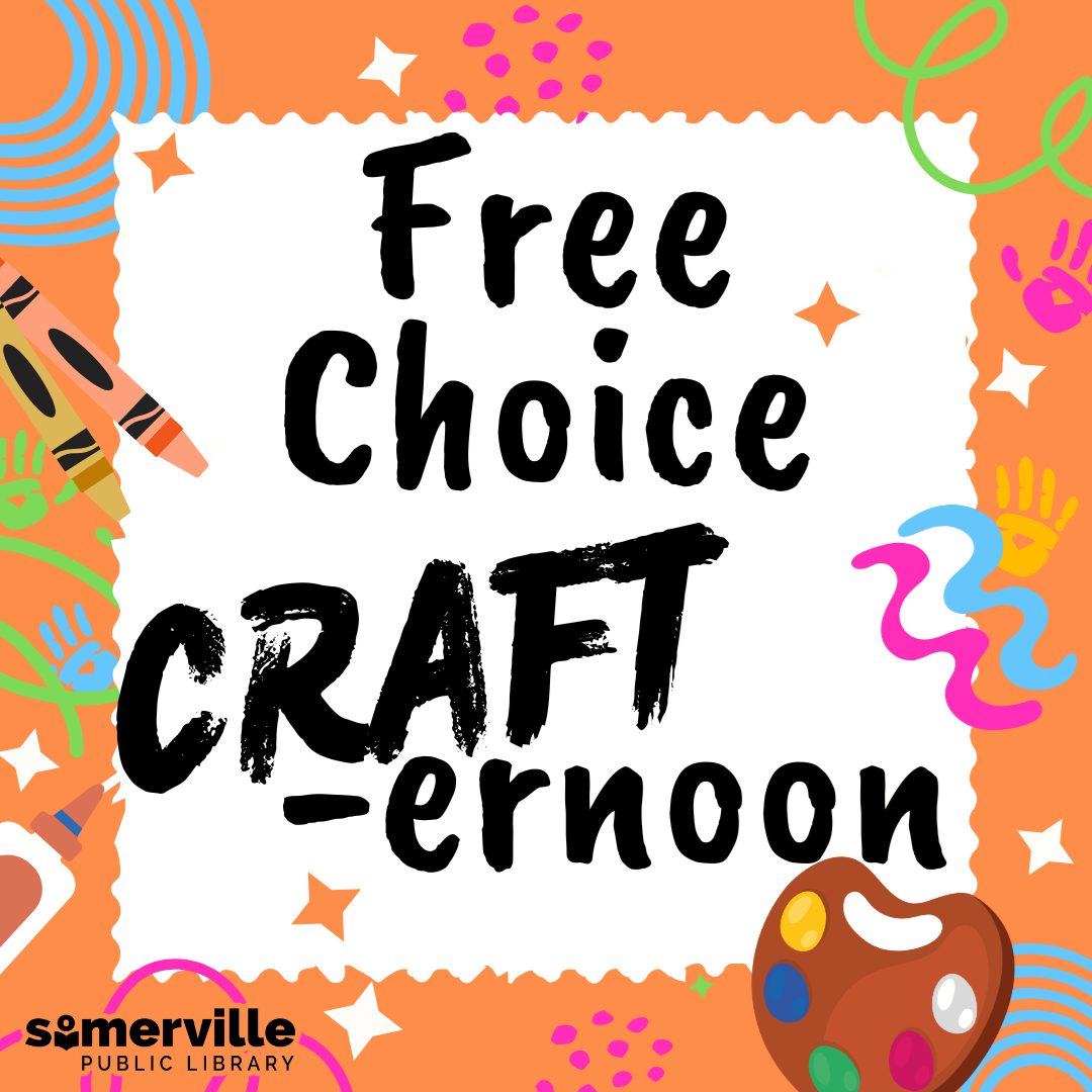 Floating crafts supplies and hand paintings, with text reading "free choice CRAFT-er-noon," and with link to a detailed calendar listing (opens in new tab).