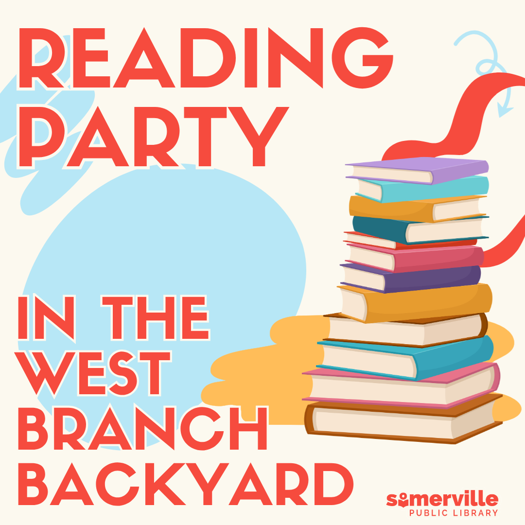 An assortment of colorful abstract shapes with a tall stack of books. Text reads "reading party in the west branch back yard." Includes link to a detailed calendar listing (opens in new tab).